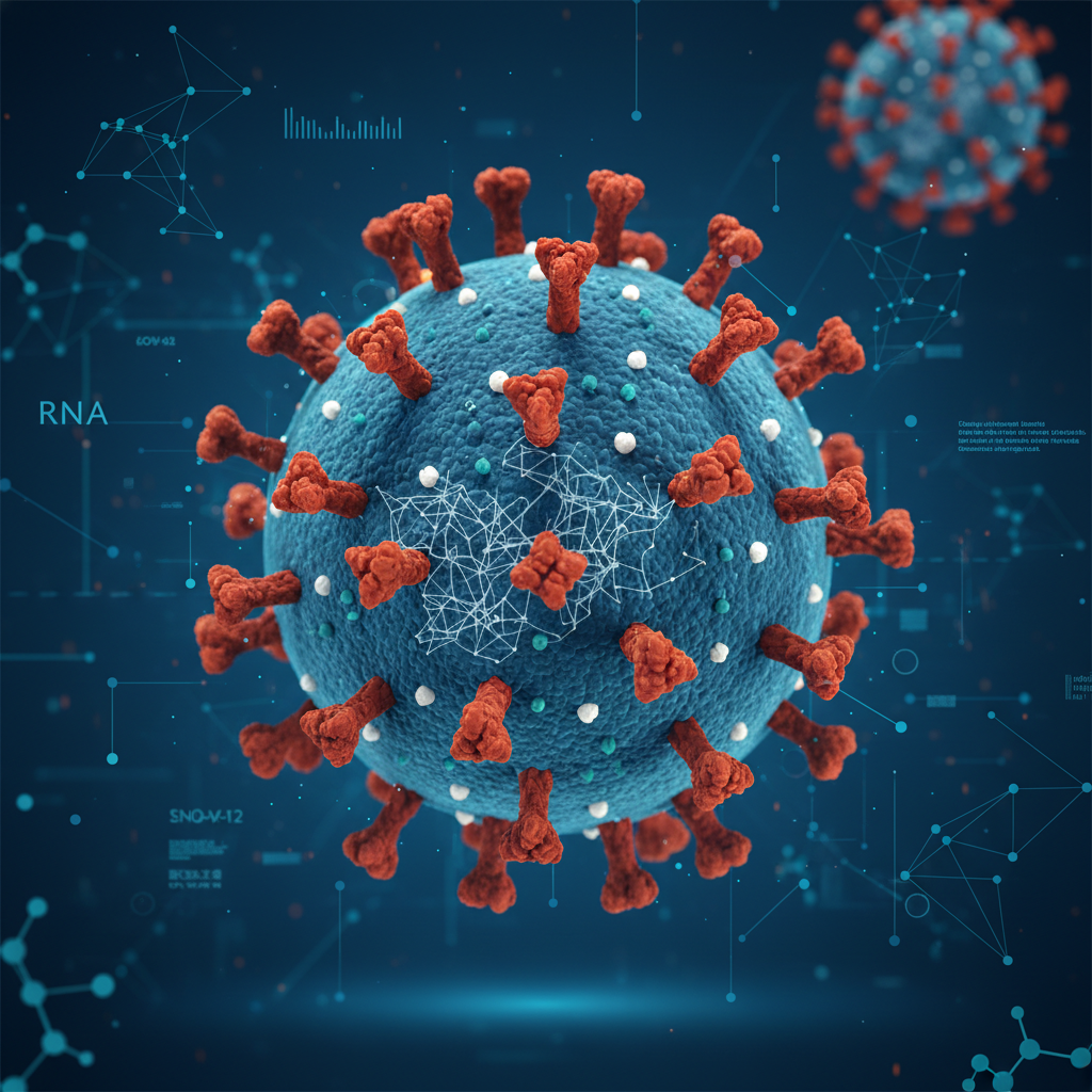 Visualização 3D detalhada do vírus SARS-CoV-2 em alta resolução.